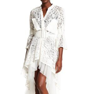 Cascading Lace Faux Leather Trim Shirt Dress